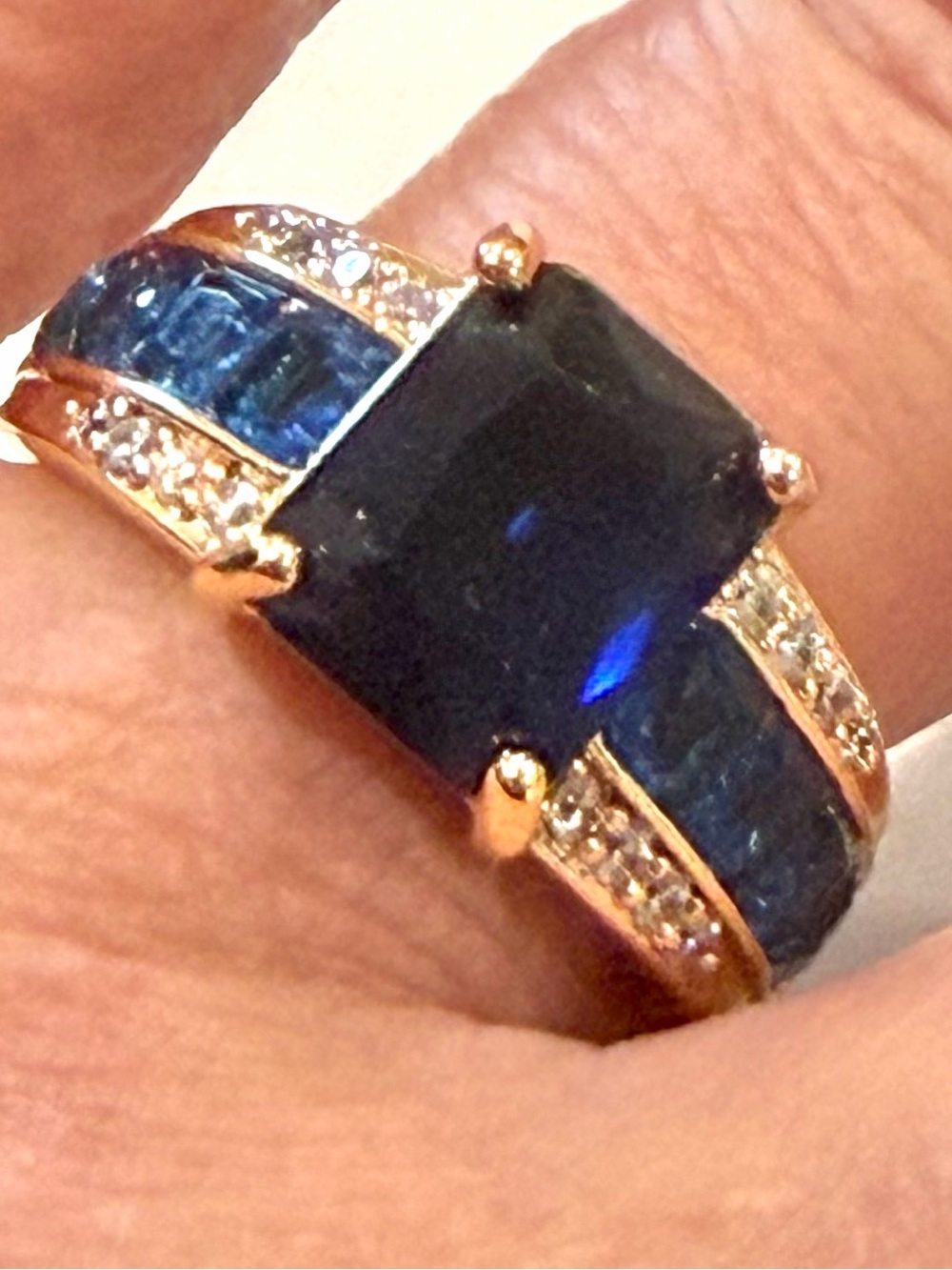 Gold-Plated Blue Sapphire Statement Ring Size 7.5